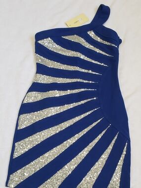 Love One-Shoulder Cobalt Blue Dress with Silver Sequin Sunburst